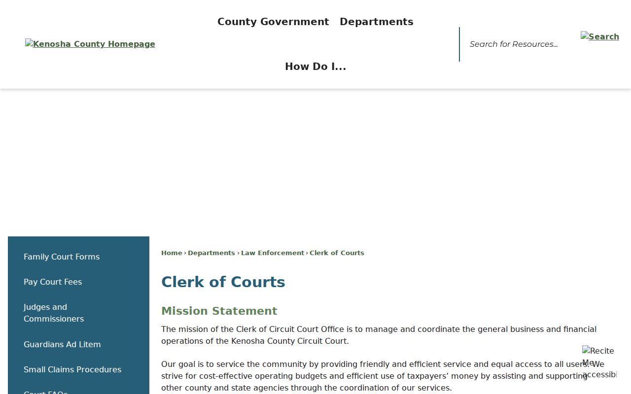 Kenosha County Clerk of Courts page for criminal court case files