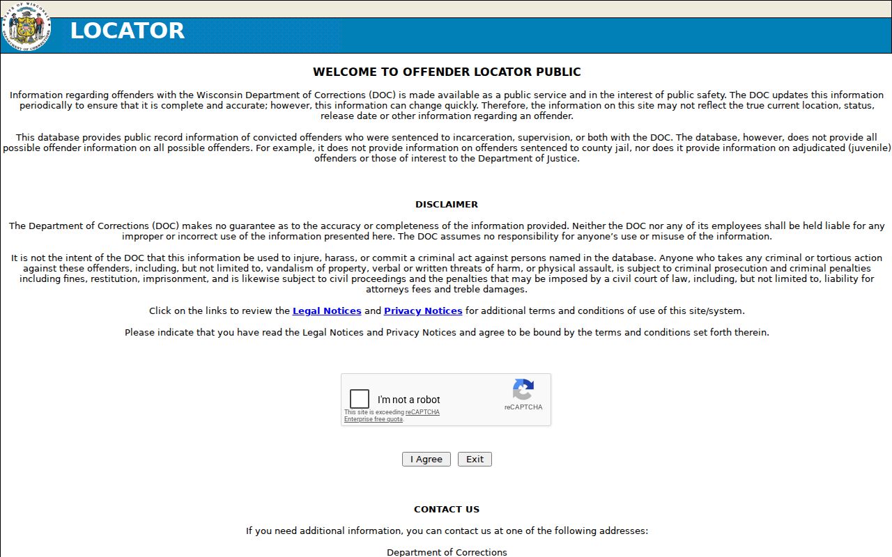 Kenosha County criminal record Wisconsin DOC locator