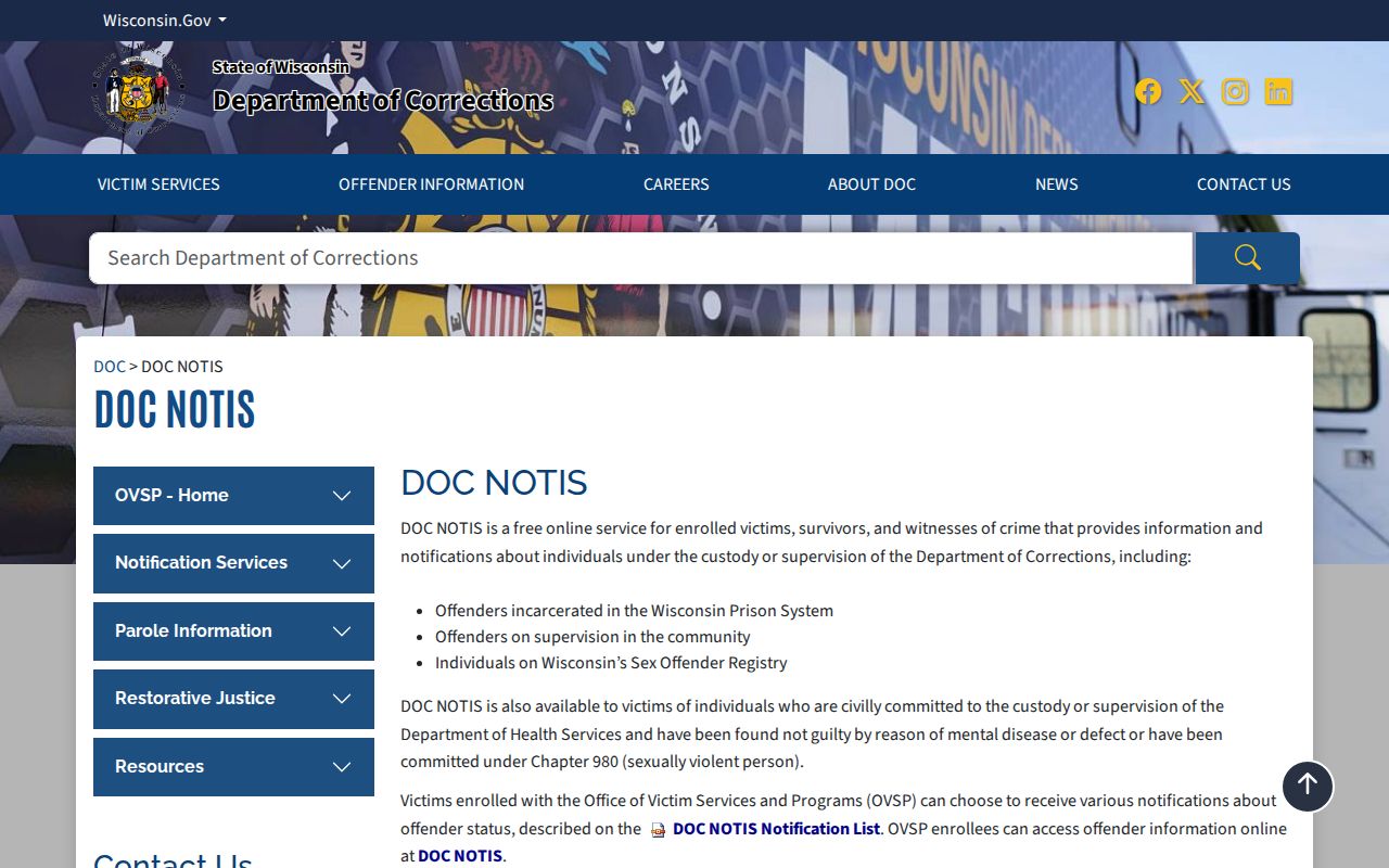Wisconsin DOC notification service for Kenosha County registry and supervision updates