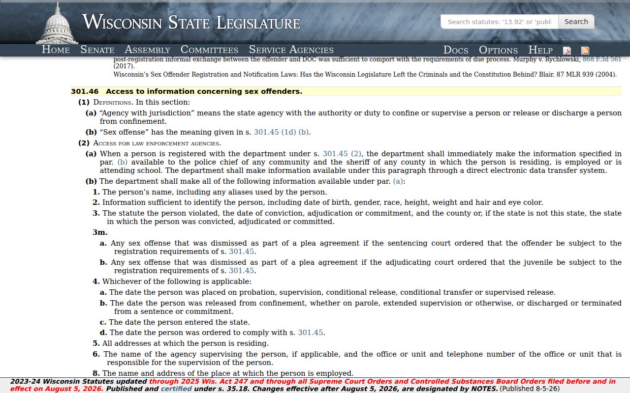 Wisconsin public access law for Kenosha County sex offender registry information