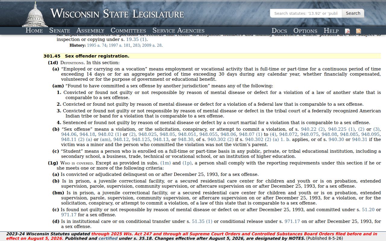 Wisconsin registration requirements for Kenosha County sex offender records
